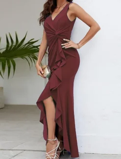 Best Women's Bodycon Maxi Dress Ruffle Split Cocktail Party Elegant Formal V Neck Sleeveless Black Wine Navy Blue Color Women Cocktail Dress