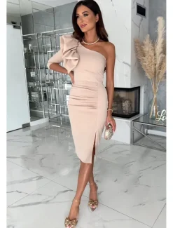 New Women's Bodycon Midi Dress Asymmetrical Split Thigh Date Elegant One Shoulder Half Sleeve Black Red Purple Color Women Cocktail Dress