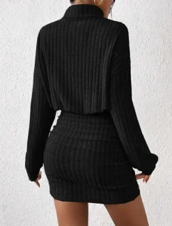 Hot Women's Bodycon Midi Dress High Waist Elegant Casual Turtleneck Long Sleeve Black Gray Color Women Cocktail Dress