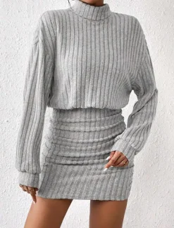 Hot Women's Bodycon Midi Dress High Waist Elegant Casual Turtleneck Long Sleeve Black Gray Color Women Cocktail Dress