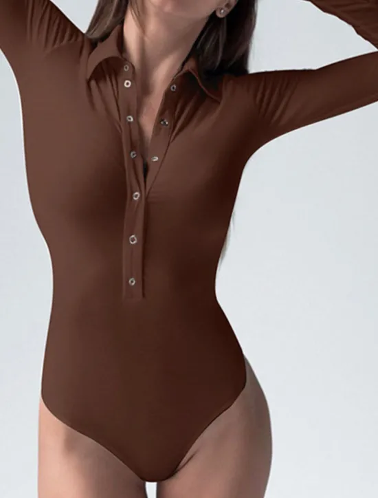 Discount Women's Bodysuit Button Solid Color Shirt Collar Streetwear Home Street Regular Fit Long Sleeve Black Brown White S M L Spring Cold Weather Women Bodysuits