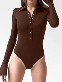 Discount Women's Bodysuit Button Solid Color Shirt Collar Streetwear Home Street Regular Fit Long Sleeve Black Brown White S M L Spring Cold Weather Women Bodysuits