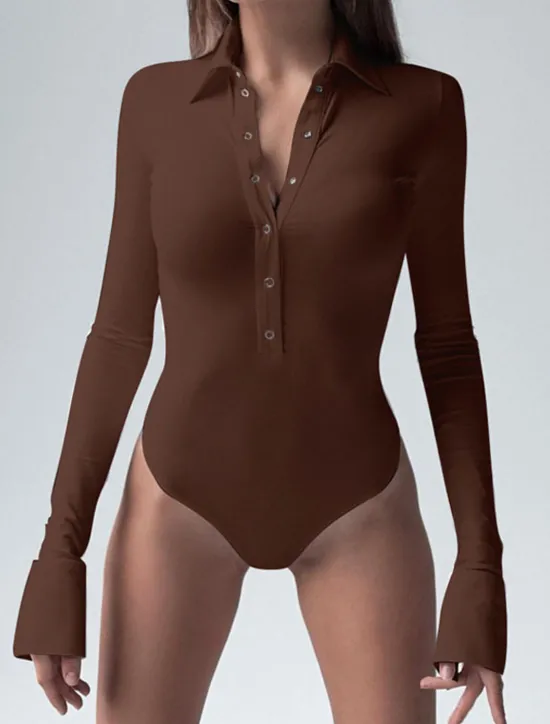 Discount Women's Bodysuit Button Solid Color Shirt Collar Streetwear Home Street Regular Fit Long Sleeve Black Brown White S M L Spring Cold Weather Women Bodysuits