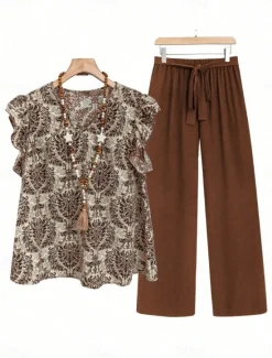 Online Women's Bohemia Daily Blouse Wide Leg Pants Sleeveless V Neck Floral Ruffle Print Casual Daily Black Brown Summer Regular Fit Women Two Piece Sets