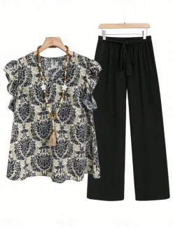 Online Women's Bohemia Daily Blouse Wide Leg Pants Sleeveless V Neck Floral Ruffle Print Casual Daily Black Brown Summer Regular Fit Women Two Piece Sets