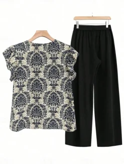 Online Women's Bohemia Daily Blouse Wide Leg Pants Sleeveless V Neck Floral Ruffle Print Casual Daily Black Brown Summer Regular Fit Women Two Piece Sets