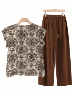 Online Women's Bohemia Daily Blouse Wide Leg Pants Sleeveless V Neck Floral Ruffle Print Casual Daily Black Brown Summer Regular Fit Women Two Piece Sets