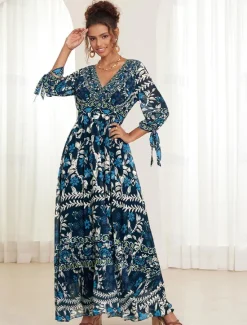 Online Women's Bohemian Maxi Dress V-Neck Long Sleeve Floral Belted Front Slit Navy Blue Pink Light Background Spring Summer Beach Party Casual Feminine Full Sizes Women Chiffon Dresses