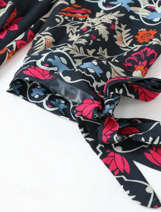 Online Women's Bohemian Maxi Dress V-Neck Long Sleeve Floral Belted Front Slit Navy Blue Pink Light Background Spring Summer Beach Party Casual Feminine Full Sizes Women Chiffon Dresses