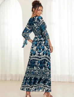 Online Women's Bohemian Maxi Dress V-Neck Long Sleeve Floral Belted Front Slit Navy Blue Pink Light Background Spring Summer Beach Party Casual Feminine Full Sizes Women Chiffon Dresses