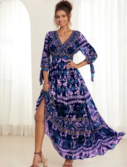 Online Women's Bohemian Maxi Dress V-Neck Long Sleeve Floral Belted Front Slit Navy Blue Pink Light Background Spring Summer Beach Party Casual Feminine Full Sizes Women Chiffon Dresses