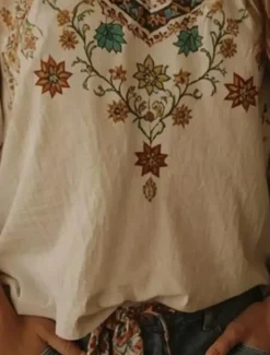Women's Boho Blouse Floral Graphic Bohemia Vintage Tropical 3/4 Length Sleeve V Neck Regular Tops Summer Spring Women Blouses & Shirts