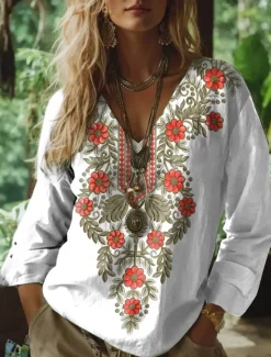 Best Women's Boho Blouse Floral Graphic Paisley Bohemia Vintage Tropical 3/4 Length Sleeve V Neck Regular Tops White Pink Green Summer Spring Women Blouses & Shirts