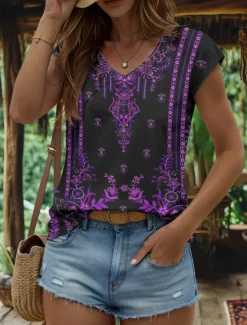Online Women's Boho Camisole Tank Top Graphic Geometric Vintage Stylish Classic Sleeveless Short Sleeve V Neck Regular Tops Daily Print Yellow Red Blue Purple Green Summer Spring Women Tank Tops & Camis