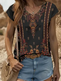Online Women's Boho Camisole Tank Top Graphic Geometric Vintage Stylish Classic Sleeveless Short Sleeve V Neck Regular Tops Daily Print Yellow Red Blue Purple Green Summer Spring Women Tank Tops & Camis
