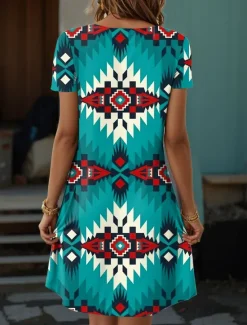 Online Women's Boho Dress Western Dress Vintage Mini Dress T Shirt Dress Tee Dress Summer Dress Vacation Casual Beach Going out Regular Fit Graphic Tribal Short Sleeve V Neck Red Blue Purple Green Summer Women Casual Dress