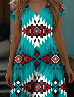 Online Women's Boho Dress Western Dress Vintage Mini Dress T Shirt Dress Tee Dress Summer Dress Vacation Casual Beach Going out Regular Fit Graphic Tribal Short Sleeve V Neck Red Blue Purple Green Summer Women Casual Dress