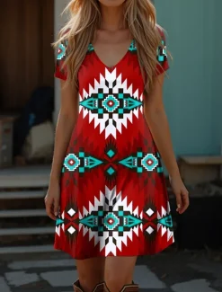 Online Women's Boho Dress Western Dress Vintage Mini Dress T Shirt Dress Tee Dress Summer Dress Vacation Casual Beach Going out Regular Fit Graphic Tribal Short Sleeve V Neck Red Blue Purple Green Summer Women Casual Dress