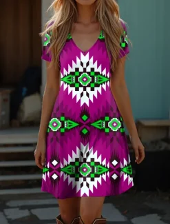 Online Women's Boho Dress Western Dress Vintage Mini Dress T Shirt Dress Tee Dress Summer Dress Vacation Casual Beach Going out Regular Fit Graphic Tribal Short Sleeve V Neck Red Blue Purple Green Summer Women Casual Dress