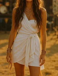 Hot Women's Boho Dress Western Dress Vintage Mini Dress A Line Dress Slip Dress Off The Shoulder Dress Vacation Casual Outdoor Going out Beach Regular Fit Solid Color Graphic Sleeveless One Shoulder Women Sundresses|Vacation Dresses