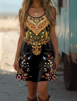 Discount Women's Boho Dress Western Dress Vintage Mini Dress A Line Dress Summer Dress Off The Shoulder Dress Vacation Casual Holiday Regular Fit Ombre Graphic Abstract Sleeveless U Neck Summer Women Sundresses|Vacation Dresses