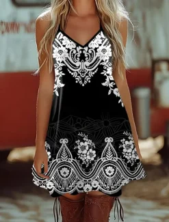 Women's Boho Dress Western Dress Vintage Mini Dress Sundress A Line Dress Slip Dress Off The Shoulder Dress Vacation Casual Boho Going out Beach Regular Fit Floral Graphic Geometric Sleeveless V Neck Women Casual Dress