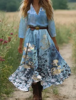 Discount Women's Boho Dress Western Dress Vintage Maxi Dress Sundress Pleated Dress Vacation Casual Boho Going out Beach Standard Fit Floral Graphic 3/4 Length Sleeve V Neck White Light Green Blue Women Vacation Dresses