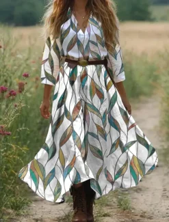 Discount Women's Boho Dress Western Dress Vintage Maxi Dress Sundress Pleated Dress Vacation Casual Boho Going out Beach Standard Fit Floral Graphic 3/4 Length Sleeve V Neck White Light Green Blue Women Vacation Dresses