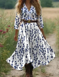 Discount Women's Boho Dress Western Dress Vintage Maxi Dress Sundress Pleated Dress Vacation Casual Boho Going out Beach Standard Fit Floral Graphic 3/4 Length Sleeve V Neck White Light Green Blue Women Vacation Dresses