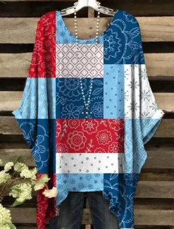 Clearance Women's Boho Shirt Floral Graphic Geometric Elegant Bohemia Active Short Sleeve Batwing Sleeve Crew Neck Regular Tops Daily Holiday Beach Wear Print White Yellow Red Blue Purple Summer Spring Women Blouses & Shirts