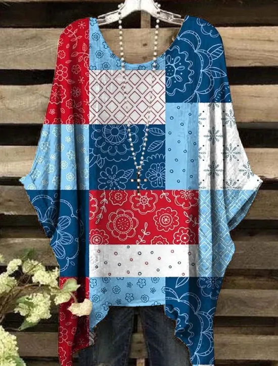 Clearance Women's Boho Shirt Floral Graphic Geometric Elegant Bohemia Active Short Sleeve Batwing Sleeve Crew Neck Regular Tops Daily Holiday Beach Wear Print White Yellow Red Blue Purple Summer Spring Women Blouses & Shirts