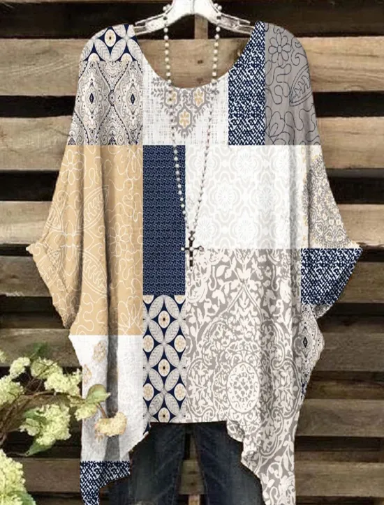 Clearance Women's Boho Shirt Floral Graphic Geometric Elegant Bohemia Active Short Sleeve Batwing Sleeve Crew Neck Regular Tops Daily Holiday Beach Wear Print White Yellow Red Blue Purple Summer Spring Women Blouses & Shirts