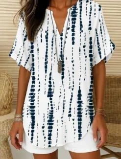 New Women's Boho Shirt Graphic Geometric Elegant Bohemia Tropical Short Sleeve Regular Tops Daily Holiday Beach Wear White Blue Summer Spring Women Blouses & Shirts