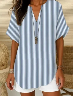 New Women's Boho Shirt Graphic Geometric Elegant Bohemia Tropical Short Sleeve Regular Tops Daily Holiday Beach Wear White Blue Summer Spring Women Blouses & Shirts