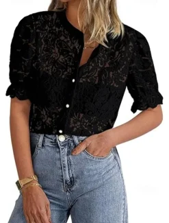 New Women's Boho Shirt Lace Shirt Dressy Tops Lace Tops Solid Color Elegant Cute Hawaiian Short Sleeve Lantern Sleeve Crew Neck Regular Tops Daily Holiday Going out Lace Buttons Black White Light Green Women Lace Tops|Blouses & Shirts