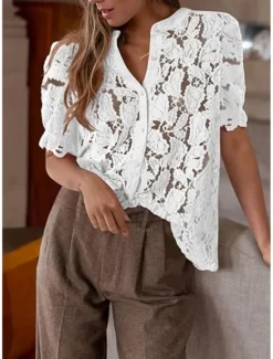 New Women's Boho Shirt Lace Shirt Dressy Tops Lace Tops Solid Color Elegant Cute Hawaiian Short Sleeve Lantern Sleeve Crew Neck Regular Tops Daily Holiday Going out Lace Buttons Black White Light Green Women Lace Tops|Blouses & Shirts