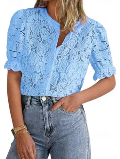 New Women's Boho Shirt Lace Shirt Dressy Tops Lace Tops Solid Color Elegant Cute Hawaiian Short Sleeve Lantern Sleeve Crew Neck Regular Tops Daily Holiday Going out Lace Buttons Black White Light Green Women Lace Tops|Blouses & Shirts