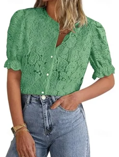 New Women's Boho Shirt Lace Shirt Dressy Tops Lace Tops Solid Color Elegant Cute Hawaiian Short Sleeve Lantern Sleeve Crew Neck Regular Tops Daily Holiday Going out Lace Buttons Black White Light Green Women Lace Tops|Blouses & Shirts