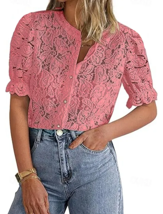 New Women's Boho Shirt Lace Shirt Dressy Tops Lace Tops Solid Color Elegant Cute Hawaiian Short Sleeve Lantern Sleeve Crew Neck Regular Tops Daily Holiday Going out Lace Buttons Black White Light Green Women Lace Tops|Blouses & Shirts