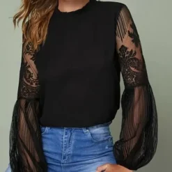 Sale Women's Boho Shirt Lace Shirt Blouse Mesh Patchwork Top Solid / Plain Color Classic Lace Sweet Lantern Sleeve Party Daily Going out Embroidery Black Wine Dark Blue Spring & Fall Fall & Winter Women Lace Tops