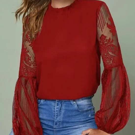 Sale Women's Boho Shirt Lace Shirt Blouse Mesh Patchwork Top Solid / Plain Color Classic Lace Sweet Lantern Sleeve Party Daily Going out Embroidery Black Wine Dark Blue Spring & Fall Fall & Winter Women Lace Tops