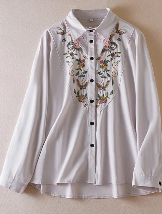 Discount Women's Boho Shirt Linen-Inspired Shirts Button Up Floral Flower Casual Long Sleeve Bishop Sleeve Square Neck Regular Tops Valentine's Day Work Daily Embroidered Spring, Fall, Winter, Summer Women Shirts|Boho Tops