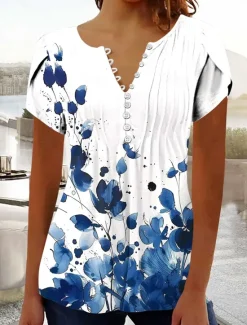 Best Women's Boho Shirt Ombre Floral Graphic Bohemia Vintage Daily Sleeveless Short Sleeve Notched Neck Regular Tops Daily Holiday Vacation Wear Ruffle Smocked Sage Green Black Red Blue Purple Summer Women Blouses & Shirts