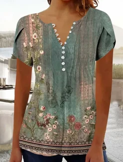 Best Women's Boho Shirt Ombre Floral Graphic Bohemia Vintage Daily Sleeveless Short Sleeve Notched Neck Regular Tops Daily Holiday Vacation Wear Ruffle Smocked Sage Green Black Red Blue Purple Summer Women Blouses & Shirts