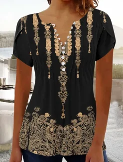 Best Women's Boho Shirt Ombre Floral Graphic Bohemia Vintage Daily Sleeveless Short Sleeve Notched Neck Regular Tops Daily Holiday Vacation Wear Ruffle Smocked Sage Green Black Red Blue Purple Summer Women Blouses & Shirts