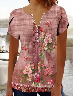 Best Women's Boho Shirt Ombre Floral Graphic Bohemia Vintage Daily Sleeveless Short Sleeve Notched Neck Regular Tops Daily Holiday Vacation Wear Ruffle Smocked Sage Green Black Red Blue Purple Summer Women Blouses & Shirts