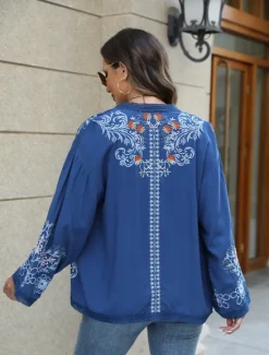 Outlet Women's Boho Shirt Shrugs Floral Flower Casual Boho Long Sleeve Bell Sleeve Asymmetrical Regular Tops Valentine's Day Work Daily Embroidered All Seasons Women Boho Tops