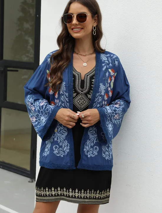 Discount Women's Boho Shirt Shrugs Floral Flower Casual Boho Long Sleeve Bell Sleeve Asymmetrical Regular Tops Valentine's Day Work Daily Embroidered All Seasons Women Boho Tops