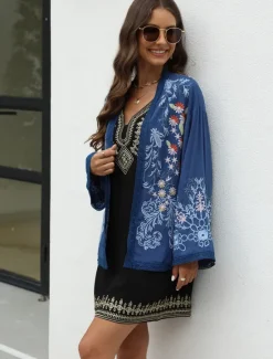 Discount Women's Boho Shirt Shrugs Floral Flower Casual Boho Long Sleeve Bell Sleeve Asymmetrical Regular Tops Valentine's Day Work Daily Embroidered All Seasons Women Boho Tops