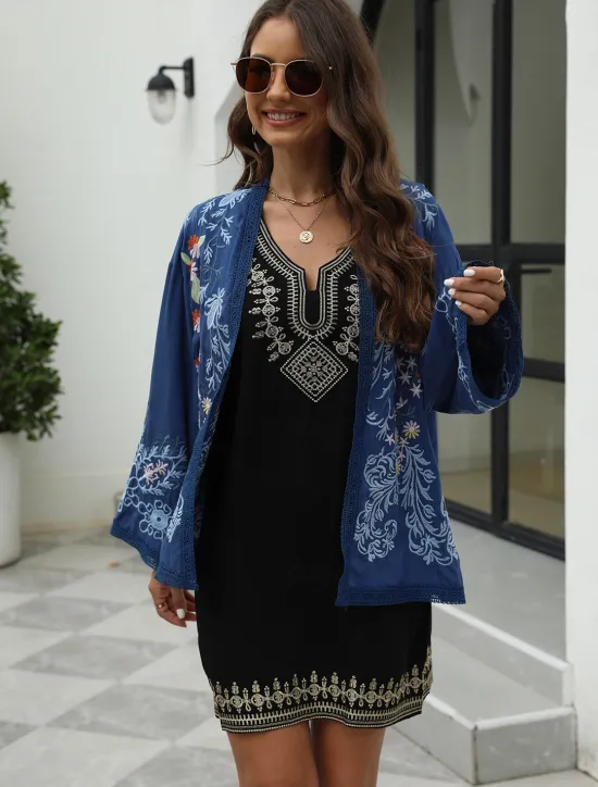 Discount Women's Boho Shirt Shrugs Floral Flower Casual Boho Long Sleeve Bell Sleeve Asymmetrical Regular Tops Valentine's Day Work Daily Embroidered All Seasons Women Boho Tops
